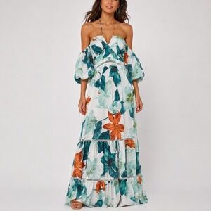 Chicways Maxi Dress L White Blue Floral Cold Shoulder Halter Tropical Vacation
